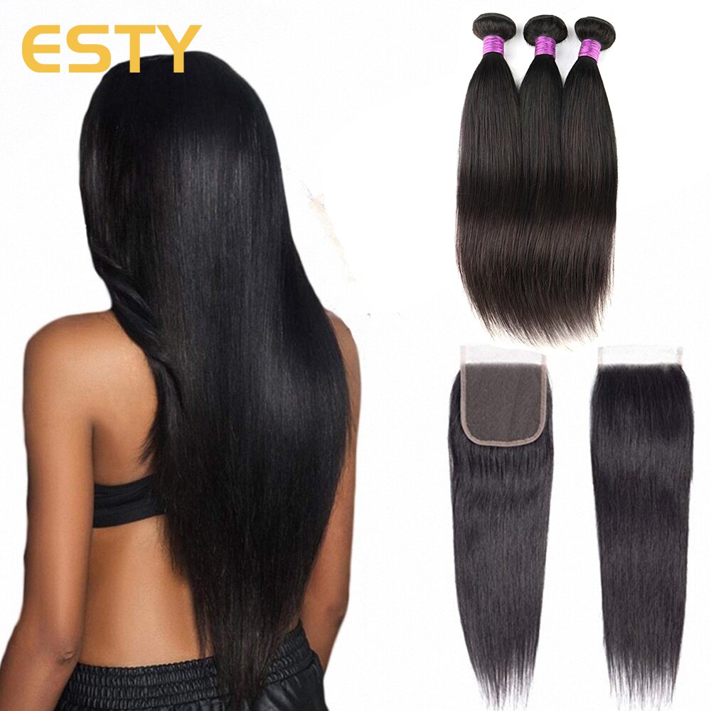 Brazilian Straight Hair Bundles 3/4 Pcs Weave Human Hair Bundles4x4 Lace Closure Pre Plucked Remy Hair Extension for